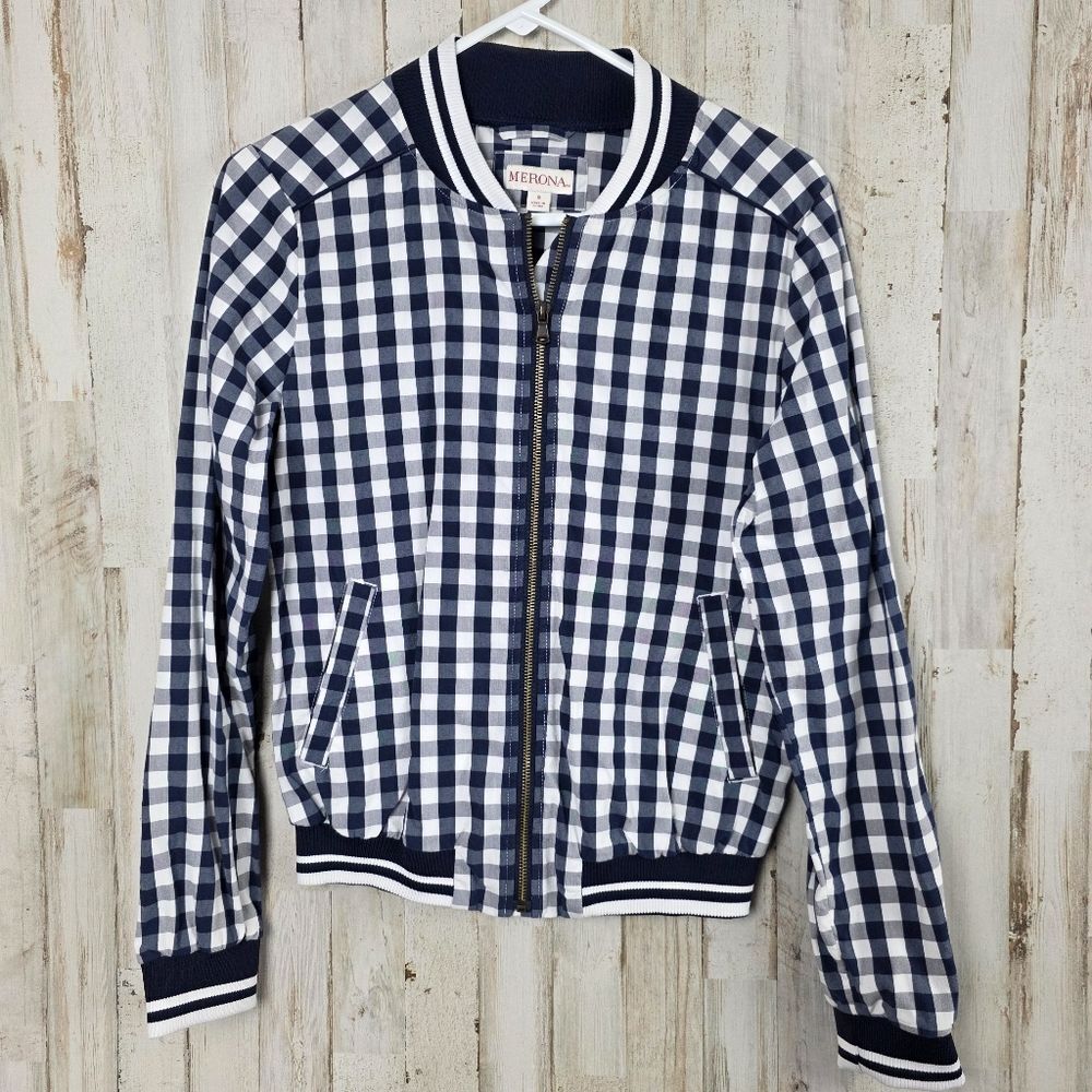 Merona Gingham Bomber Jacket Navy and White Size Small